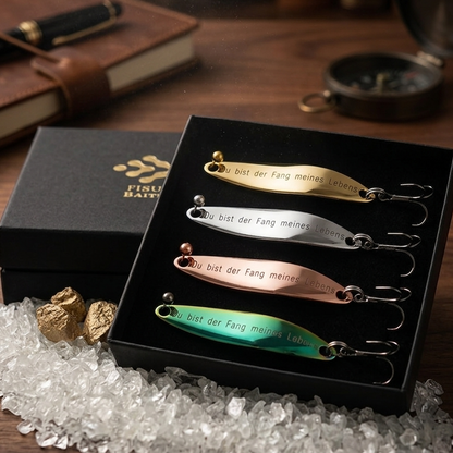 Geschenk für Angler, veredelte Angelköder mit Gravur "Du bist der Fang meines Lebens"
