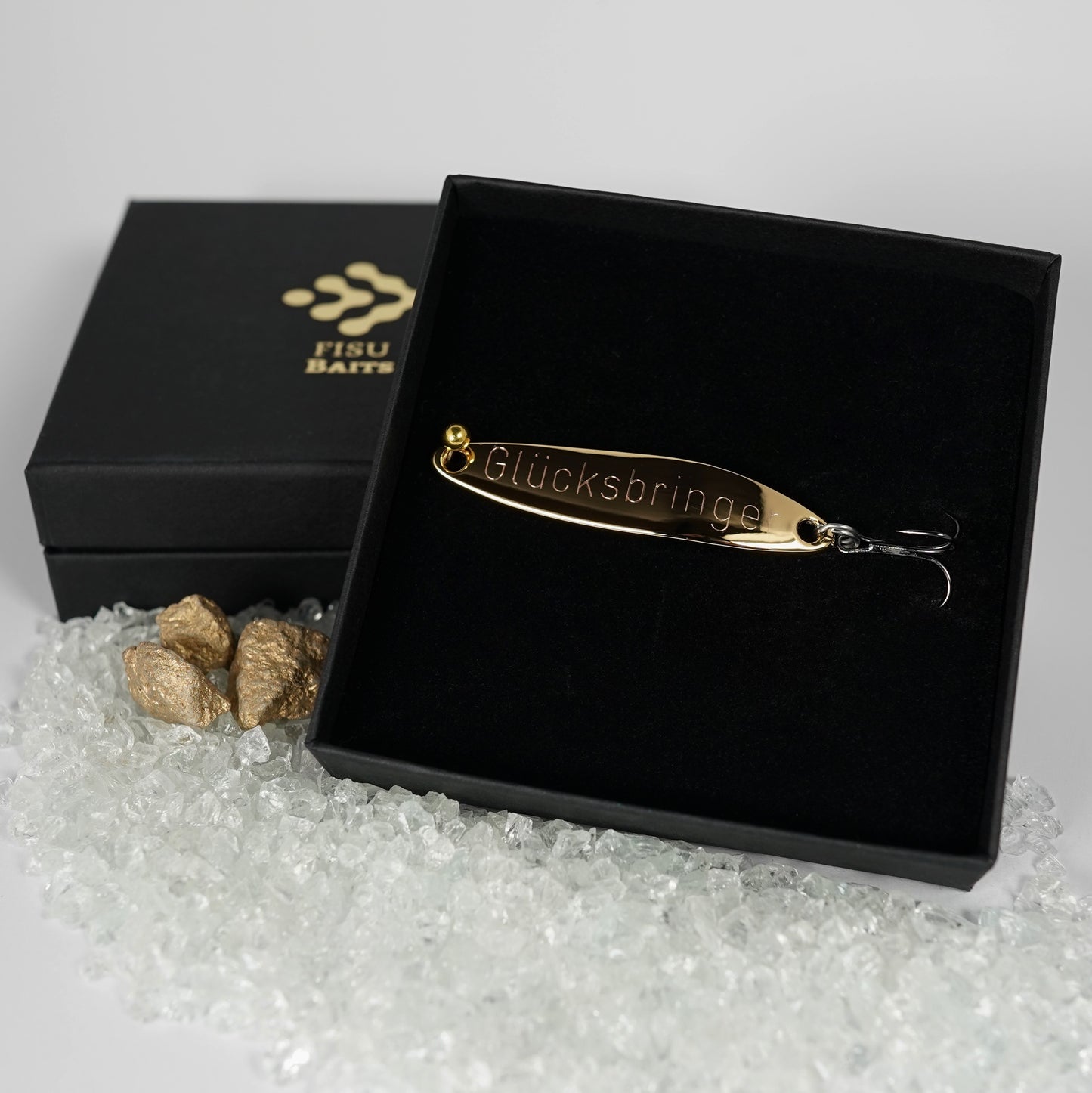 Geschenk für Angler, veredelte Angelköder mit Gravur "GLÜCKSBRINGER"
