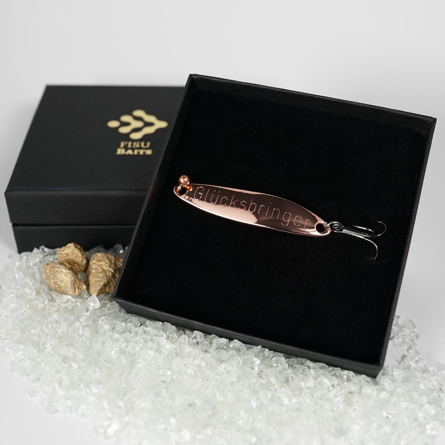 Geschenk für Angler, veredelte Angelköder mit Gravur "GLÜCKSBRINGER"