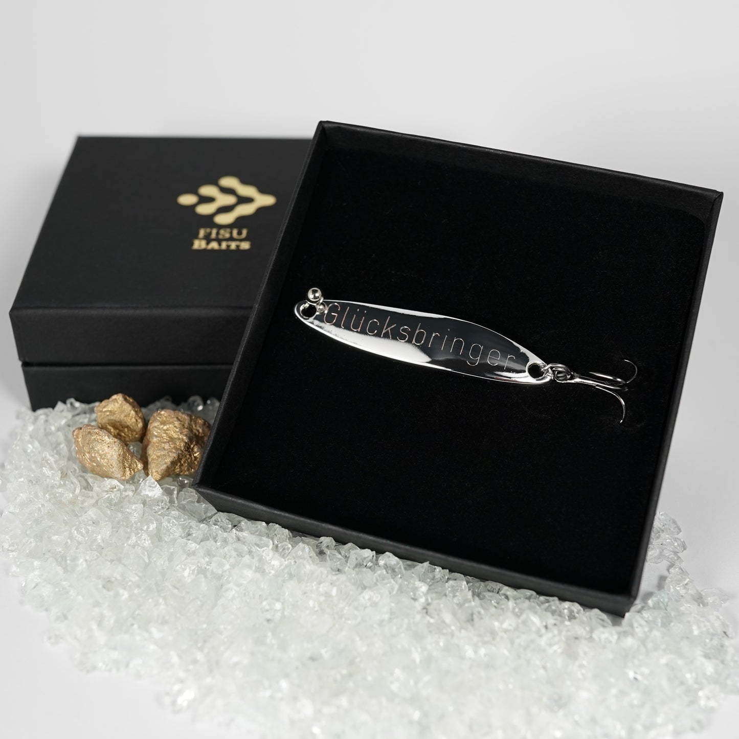 Geschenk für Angler, veredelte Angelköder mit Gravur "GLÜCKSBRINGER"