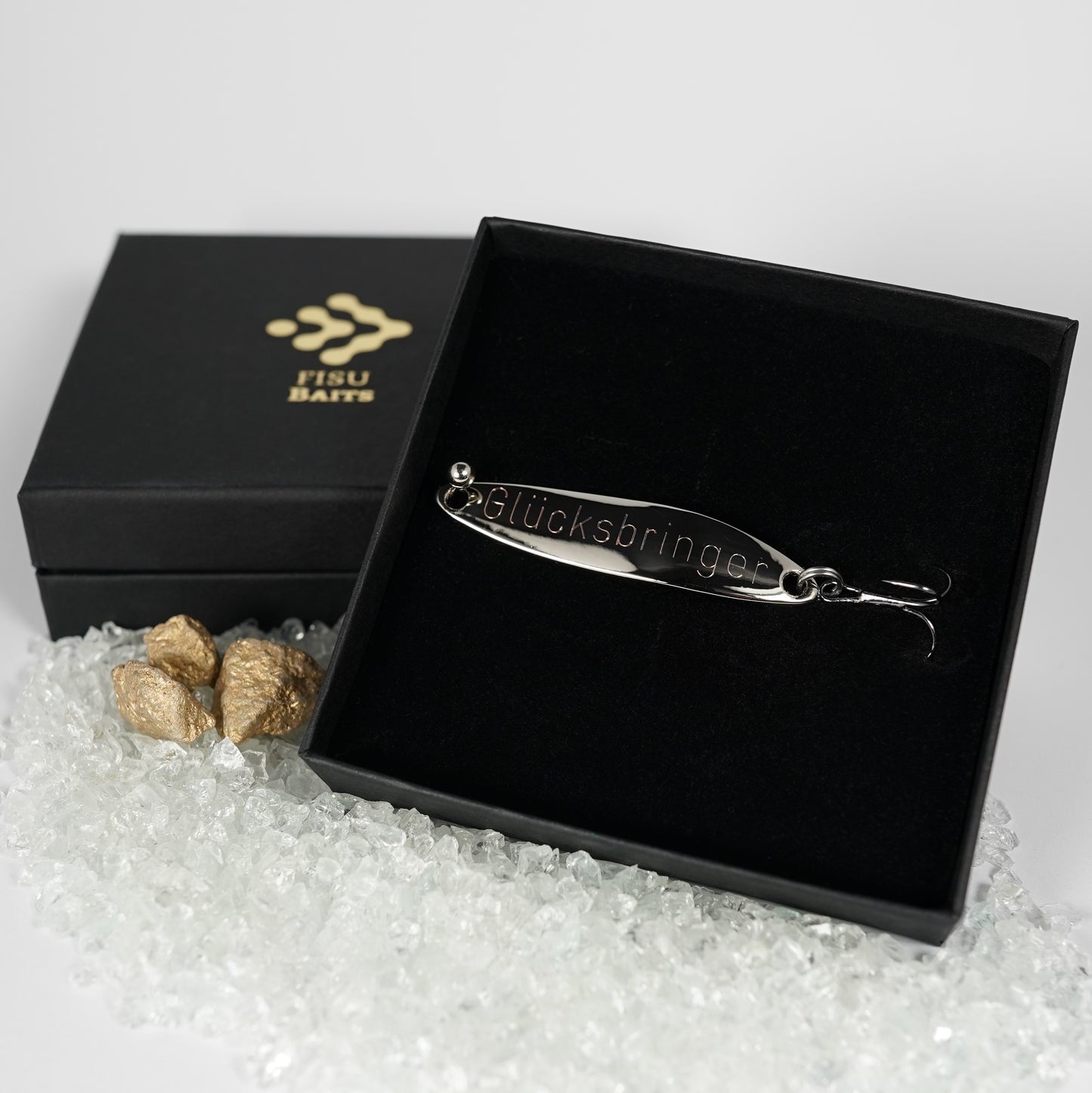 Geschenk für Angler, veredelte Angelköder mit Gravur "GLÜCKSBRINGER"