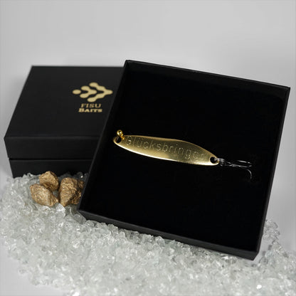 Geschenk für Angler, veredelte Angelköder mit Gravur "GLÜCKSBRINGER"