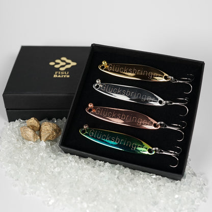 Geschenk für Angler, veredelte Angelköder mit Gravur "GLÜCKSBRINGER"