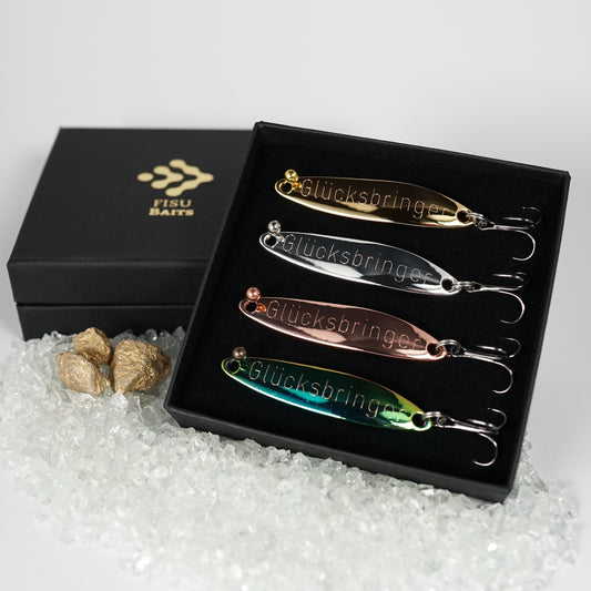 Geschenk für Angler, veredelte Angelköder mit Gravur "GLÜCKSBRINGER"